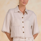 Crop Button Shirt With Fray Edge - Light Grey