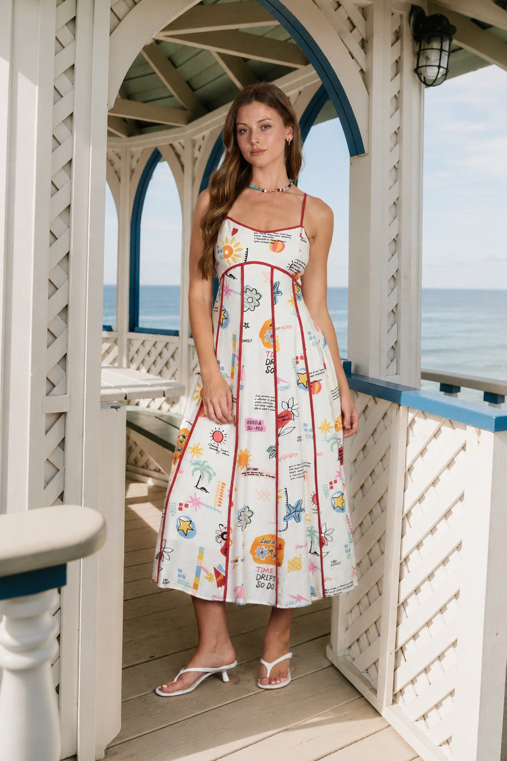 Last Vacation Spaghetti Strap Midi Dress - Cream Multi