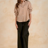 Button Down Shirt With Open Back - Tan Stripe