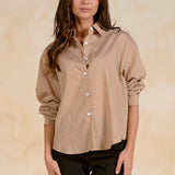 Button Down Shirt With Open Back - Tan Stripe