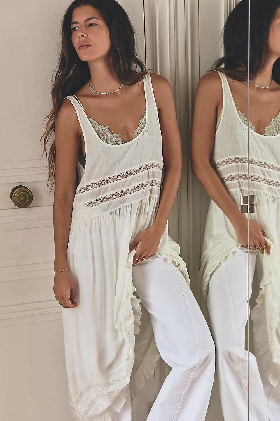 Voile and Lace Midi Slip Dress Ivory Combo