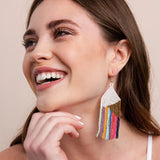 Seed Bead Fringe Earrings - White w/ Rainbow Stripe