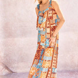 Printed Ruffle Top And Maxi Skirt Set: Orange Blue