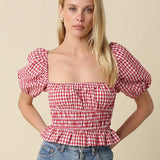 Gingham Puff Sleeve Crop Top - Red & White