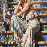 Strapless Jumpsuit With Ruffle Top - Tan Tropical Print