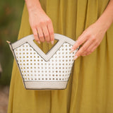 Ashlyn Wicker Cross Body Purse with V Handle -  Wicker & White Faux Leather