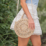 Round Seagrass Purse w/ Beaded Handles - Natural
