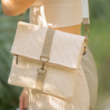 Foldover Straw Crossbody Purse w/ Faux Grey Leather Straps