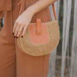 Medium Straw Crossbody Purse w/ Faux Brown Leather and Flap Closure