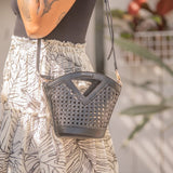 Ashlyn Wicker Cross Body Purse with V Handle -  Wicker & Black Faux Leather