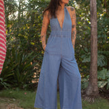 Wide Leg Denim Halter Jumpsuit w/ Back Ties - Blue Denim