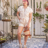 Zip Front Short Sleeve Romper w/ Collar & Tie Waist by Elan