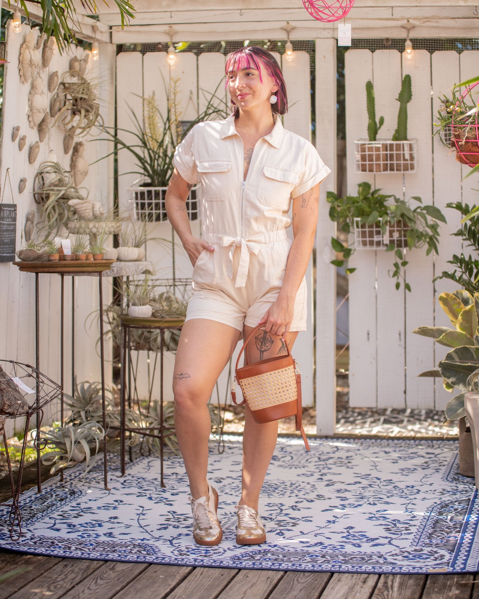 Zip Front Short Sleeve Romper w/ Collar & Tie Waist by Elan