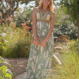 Sage Leaf Print Halter Maxi Dress with Crochet Top by Surf Gypsy  - Sage Green