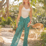 Aqua Havana Print Mesh Tie Front Pants by Elan - Aqua