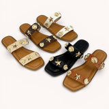 SEASHELL EMBELLISHED DOUBLE STRAP FLAT SAND: NATURAL RAFFIA STRAW