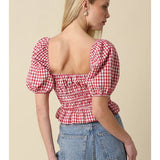 Gingham Puff Sleeve Crop Top - Red & White