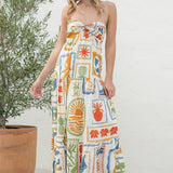 Tropical Print Strapless Maxi Dress With Open Back - White / Multi