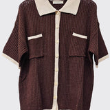 Crochet Matching Set - Button Up Top & Shorts -  Chocolate Brown / White