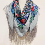 Western Vibe Long Fringe Floral Square Scarf/Shawl Coffee