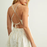 Eyelet Romper with Button Detail Front & Cross Back - Off White