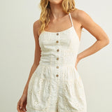 Eyelet Romper with Button Detail Front & Cross Back - Off White