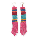 Striped Seed Bead Long Earrings - Pink, Turq, Red