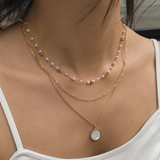 Layered Stainless Steel Pearl Disc Pendant Necklace