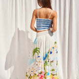 Greece Vacay Print Set - Tube Top & Maxi Skirt - White / Blue