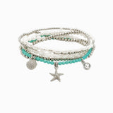 Coastal Sealife Starfish & Pearl Stretch Bracelet Set of 5: Turquoise Rhodium
