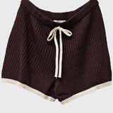 Crochet Matching Set - Button Up Top & Shorts -  Chocolate Brown / White