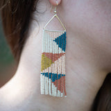Teal,  Rust, Ivory, Pink Triangle On Triangle Beaded Fringe Earrings