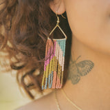 Muted Colors Chevron On Triangle Fringe Earrings