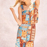 Printed Ruffle Top And Maxi Skirt Set: Orange Blue