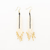 Small Beaded Ivory Earring With Single Black Stripe & Fringe