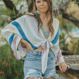 Colorful Stripe Tie Front 3/4 Sleeve Top - Style Rack