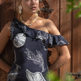 Navy Seashell Off Shoulder Midi Dress - Navy / White