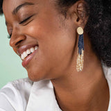 Mae - Oval Brass Stud Earrings w/ Beaded Tassels - Navy