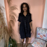 Ash Black Gauze Short Sleeve Button Up Collared Dress w/ Raw Edges
