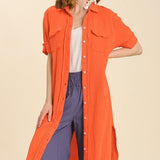 Orange Gauze Button Up Maxi Dress w/ Raw Edges