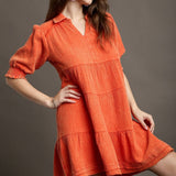 Tiered V Neck Gauze Dress w/ Collar & 3/4 Elastic Cuff Sleeve- Tangerine Orange