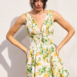 Lemon Print Mini Dress With Corset Waist- White Yellow Lemon Print