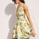 Lemon Print Mini Dress With Corset Waist- White Yellow Lemon Print