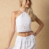 Cotton Tiered Raw Edge Halter Top - White