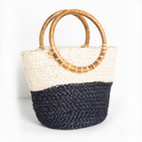 Color Block Straw Mini Tote Bag - Black