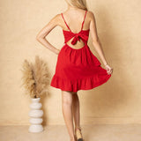 Cotton Ruffle Mini Dress With Tie Back - Red
