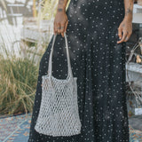 Vida Macrame Tote Bag w/ Vegan Leather Handles - Ivory