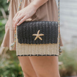 Straw Crossbody Purse w/ Gold Starfish, Corded Strap - Black & Natural Straw