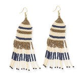Short Beaded Stripe Earrings w/ Fringe - Navy, Ivory, Gold