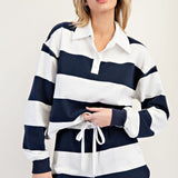 Rugby Striped Half Button Down Collared Top by Eesome - Navy / White